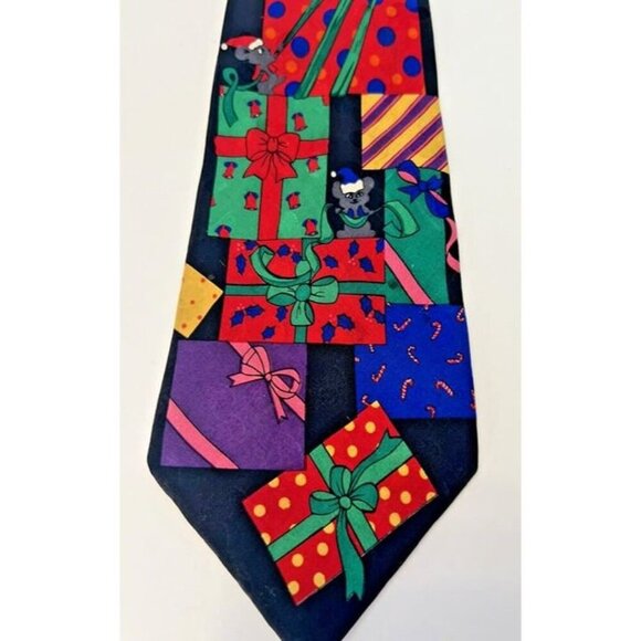 100% Silk Made in Korea Addiction Christmas Gifts Cartoon Mice Festive Neck Tie - Picture 2 of 5